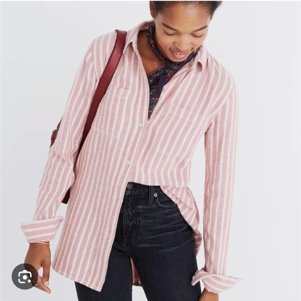 Madewell flannel ex-boyfriend pink Striped Button-Up Shirt